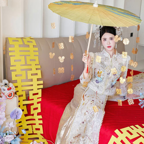 婚礼金色喜中式古风婚伞拍照道具