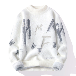 加绒加厚冬装 潮牌针织打底衫 上衣保暖线衣 秋冬季 仿水貂绒毛衣男士