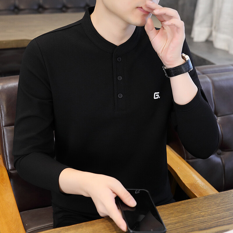 复古长袖男亨利领t恤男百搭春季立领中山风硬朗长袖卫衣秋季衣服