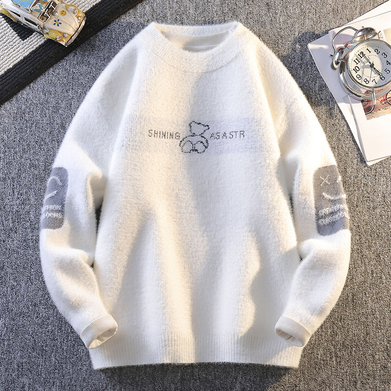 秋冬季青少年毛衣男圆领仿水貂绒针织衫初高中学生加绒保暖打底衫