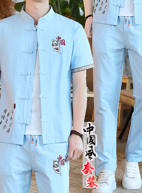 夏季棉麻套装男士亚短袖t恤2