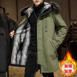 派克服男款加绒加厚中长款棉袄外套冬季潮流连帽棉衣保暖冬装棉服