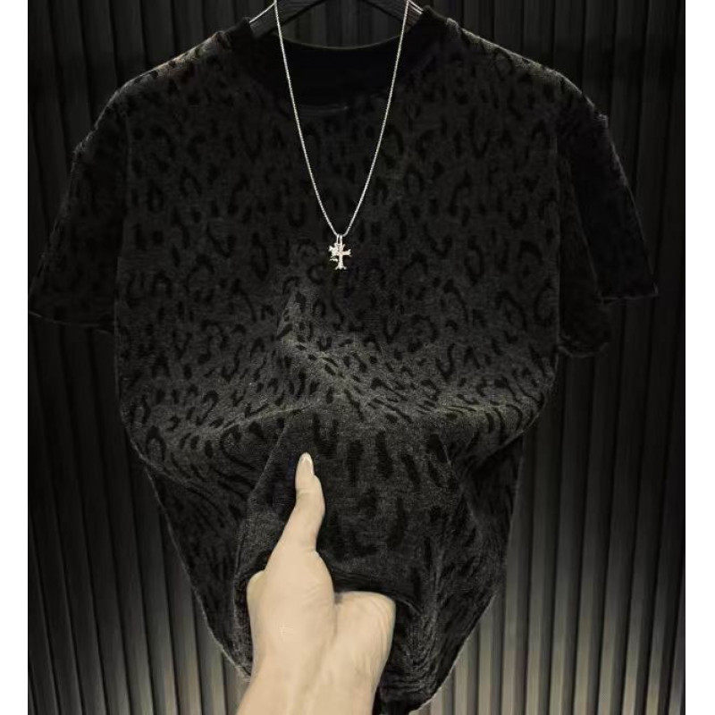 复古豹纹风时尚短袖T恤男黑色圆领轻奢潮流百搭高档中青年打底衫