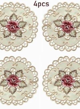 Set Of 4 Round Floral Placemats White Embroidered Lace
