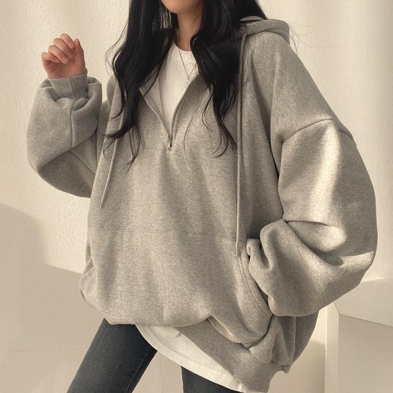 Women Hoodie Harajuku Loose Oversized Solid Color Top Half Z