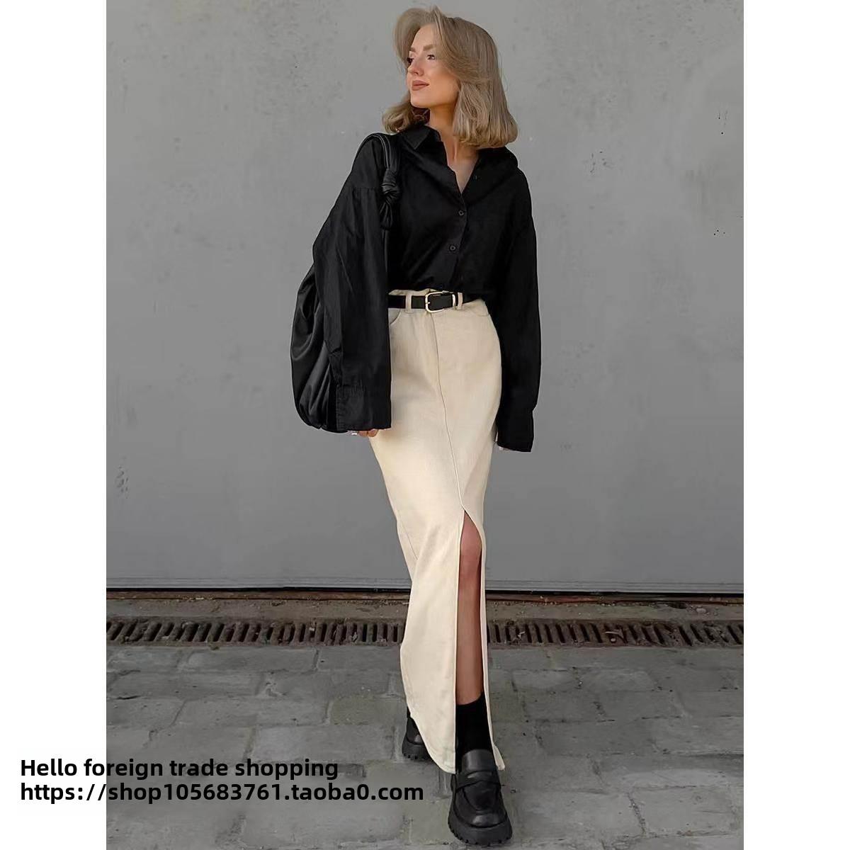 欧美风夏季气质时尚百搭开叉高腰半身裙Split high waisted skirt