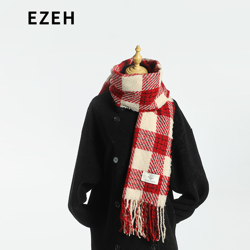 ezeh格子围巾女冬季百搭韩版红色秋冬保暖流苏仿羊绒女士围脖披肩