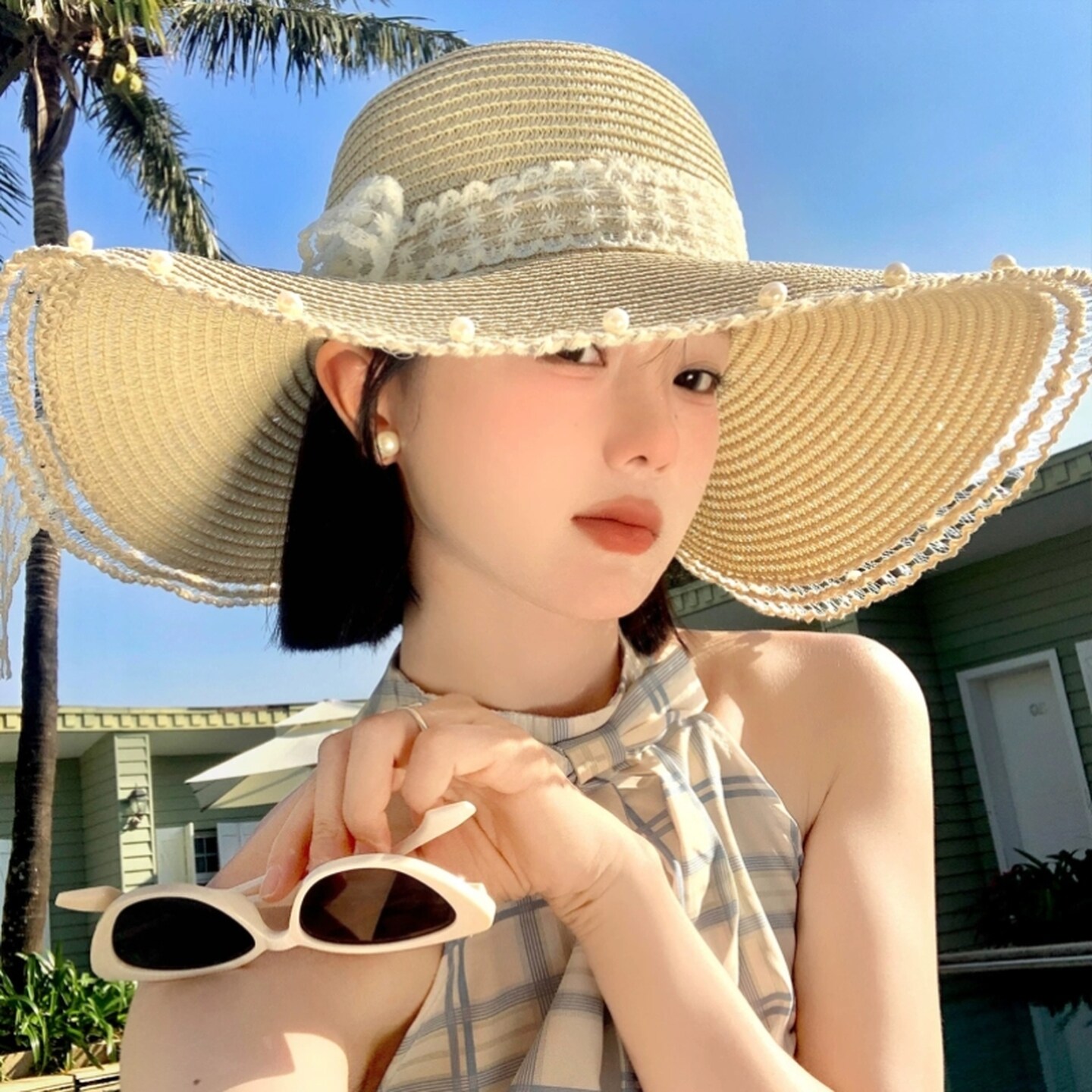 法式蕾丝珍珠蝴蝶结草帽女夏季大帽檐海边沙滩遮阳防晒帽太阳帽子