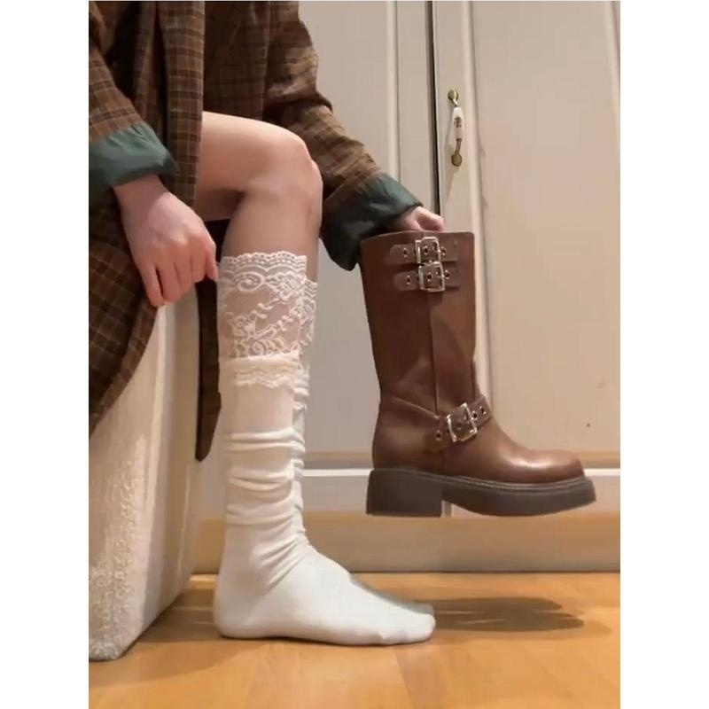 蕾丝小腿袜子女春秋季纯棉中筒袜配靴子的袜子秋季靴袜高筒长筒袜