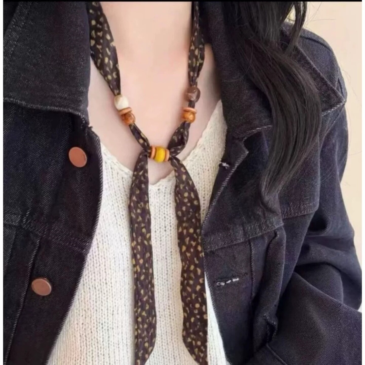 韩系棕色豹纹串珠丝巾项链女小众抽拉长款毛衣链早春复古装饰配饰
