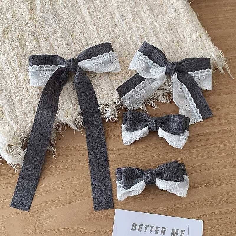 2025新款格雷系蝴蝶结蕾丝发夹女款气质飘带韩版鸭嘴夹灰色时尚