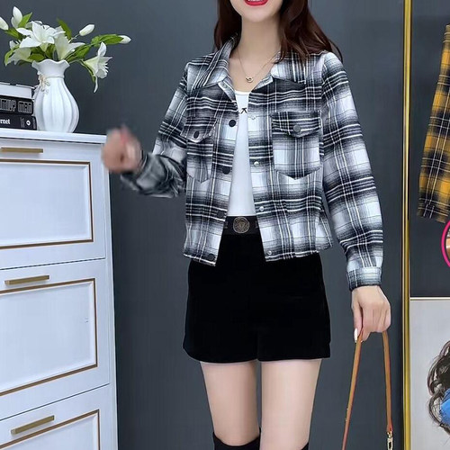 磨毛格子日系衬衫女显瘦短上衣