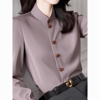 法式气质雾霾紫立领衬衫女长袖春