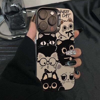 呆萌黑白猫咪适用iPhone17Air/16Promax手机壳彩银磨砂苹果1213mini/1415Plus学生XR/XS高级感SE3代6s/78Plus