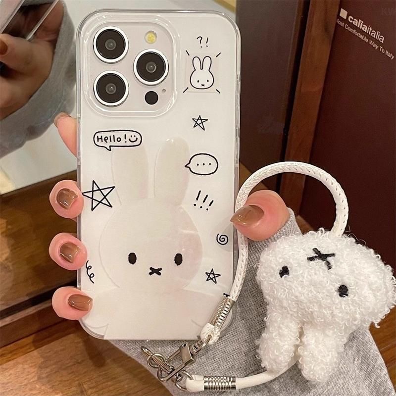 可爱毛绒米菲兔挂件适用iPhone16e/15Promax手机壳白底苹果11/1213mini14少女学生XR/XSmax软边SE3代7/8Plus