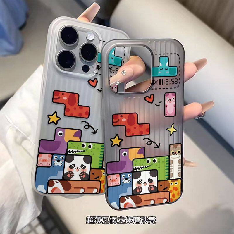 动物俄罗斯方块适用OPPOReno1514手机壳立体瓦楞条纹FindX9Pro/X8S+大孔FindX6/X7Ultra超薄磨砂PC硬壳保护套