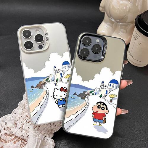 海边凯蒂猫小新适用iPhone17Air/16Promax手机壳彩银磨砂苹果1213mini/1415Plus学生XRXS高级感SE3代7/8Plus