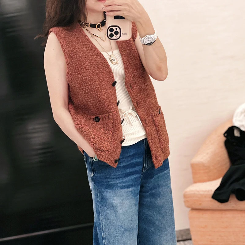 zui篙~小香风精致时尚 羊绒混纺针织粗花呢橘棕色马甲背心 24年新