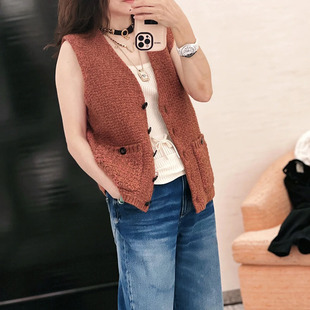 zui篙~小香风精致时尚 羊绒混纺针织粗花呢橘棕色马甲背心 24年新
