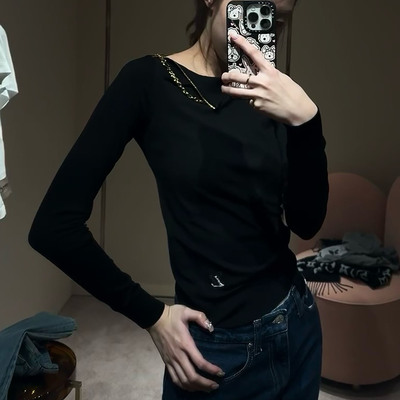 纤维混纺半高领链条套头字母刺绣