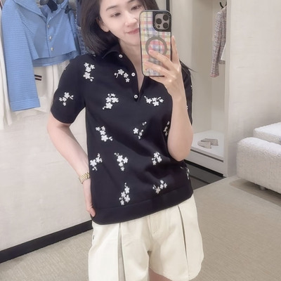 棉真丝混纺翻领撞色四叶草针织衫