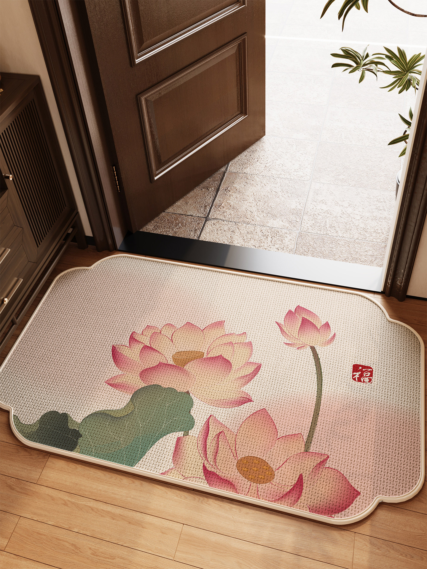 新中式步步生莲入户地毯玄关亚麻地垫门口脚踏垫门外室外蹭土门垫,居家布艺,入户地垫,淘宝优惠券,粉丝福利购,淘宝优惠卷