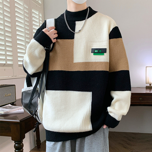 半高领毛衣男款秋冬季潮流撞色高中学生内搭针织衫男生加厚毛线衣