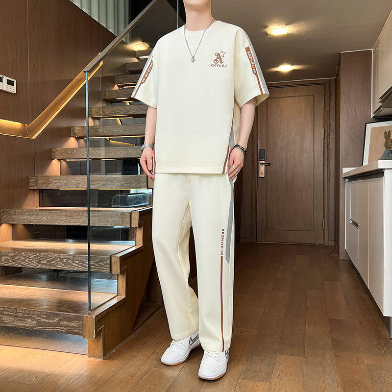 夏季冰丝男短袖长裤运动套装
