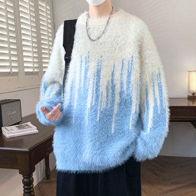 渐变色绒感针织衫秋冬季男生圆领