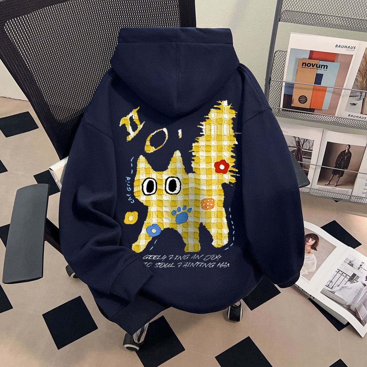 潮牌卡通猫咪印花连帽卫衣男女秋