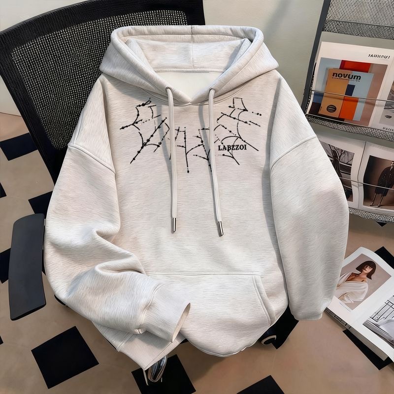 学院风围脖蜘蛛网印花连帽卫衣秋