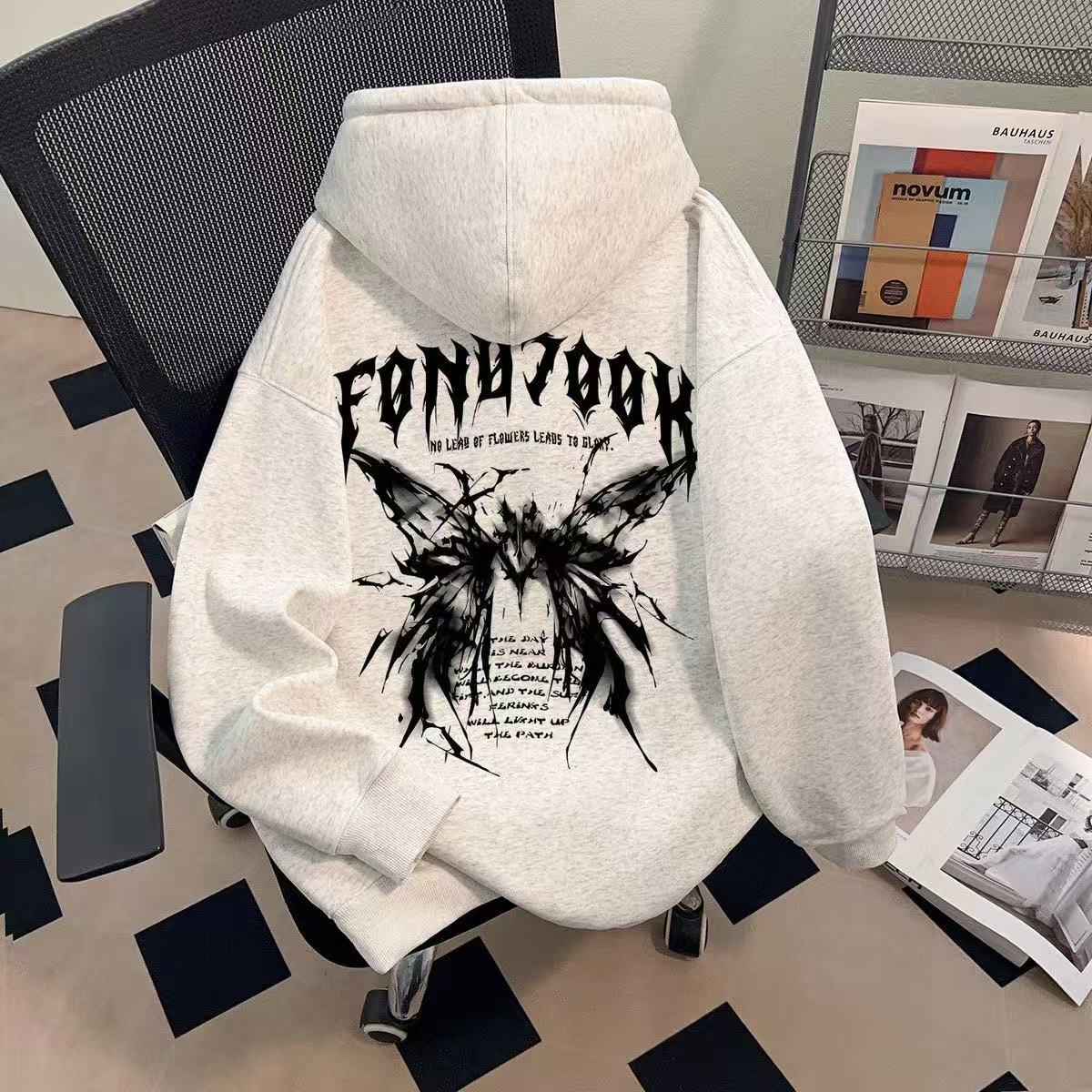 hiphop暗黑蝴蝶印花连帽卫衣男女