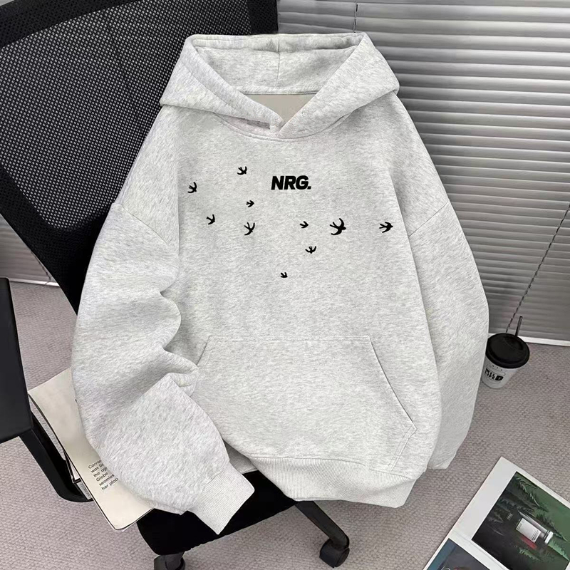 新款宽松燕子印花设计感连帽卫衣