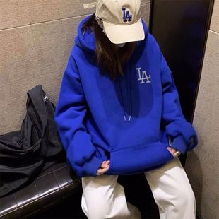2024年潮牌LA连帽加绒卫衣男女韩版克莱因蓝色显白长袖上衣情侣装
