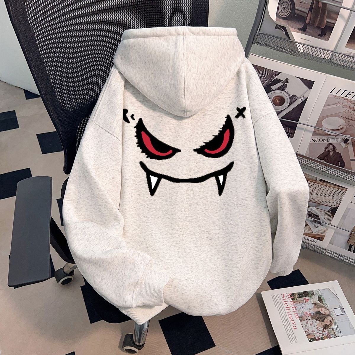 潮牌恶魔表情印花连帽卫衣男女秋
