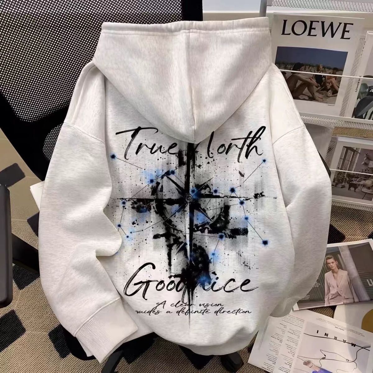 美式潮牌星辰十字架印花连帽卫衣