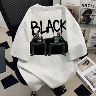 假面骑士BLACK美式 宽松夏季 潮牌纯棉T恤男女同款 复古重磅圆领短袖