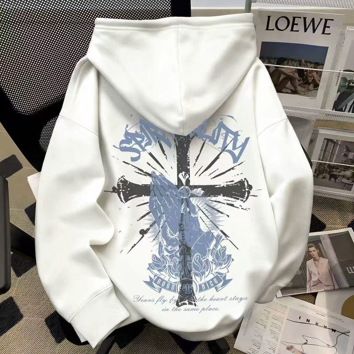 潮牌佛手十字架印花连帽卫衣男女