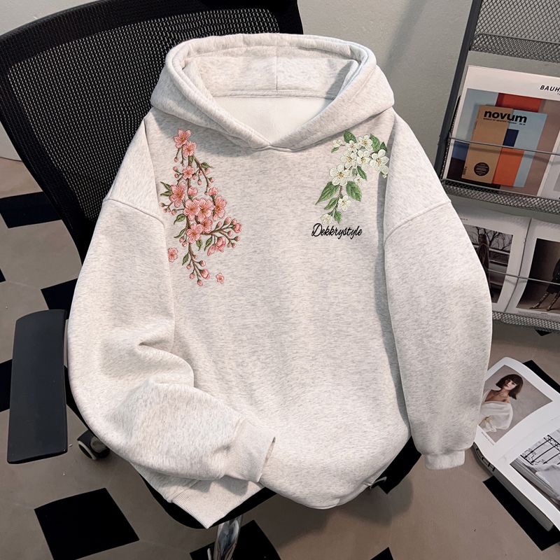 美式潮牌学院风披肩仿刺绣花朵印花连帽卫衣男女秋冬加绒加厚外套