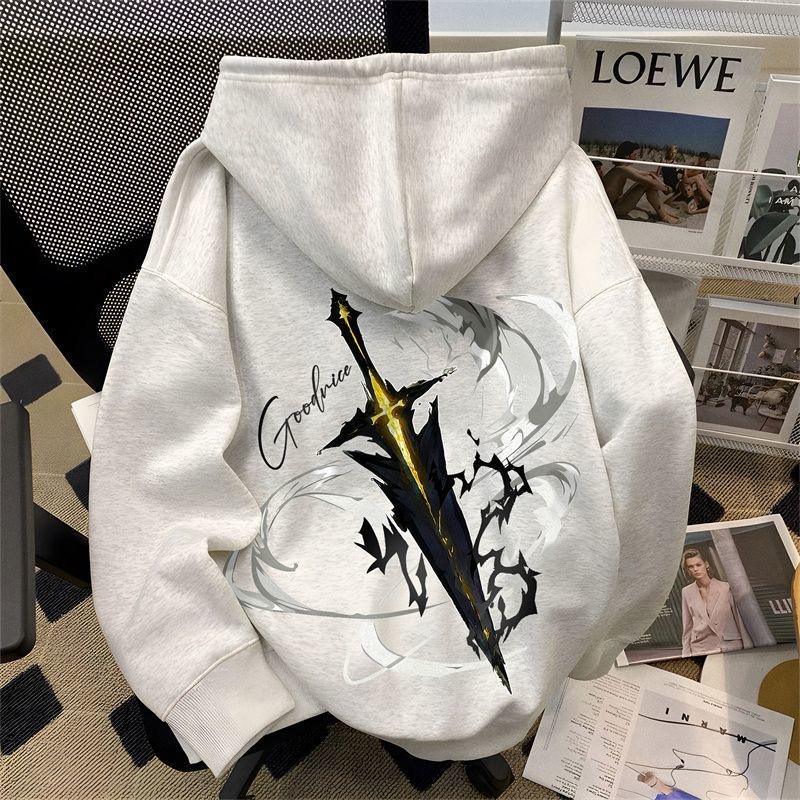 潮牌vintage樱花剑印花连帽卫衣