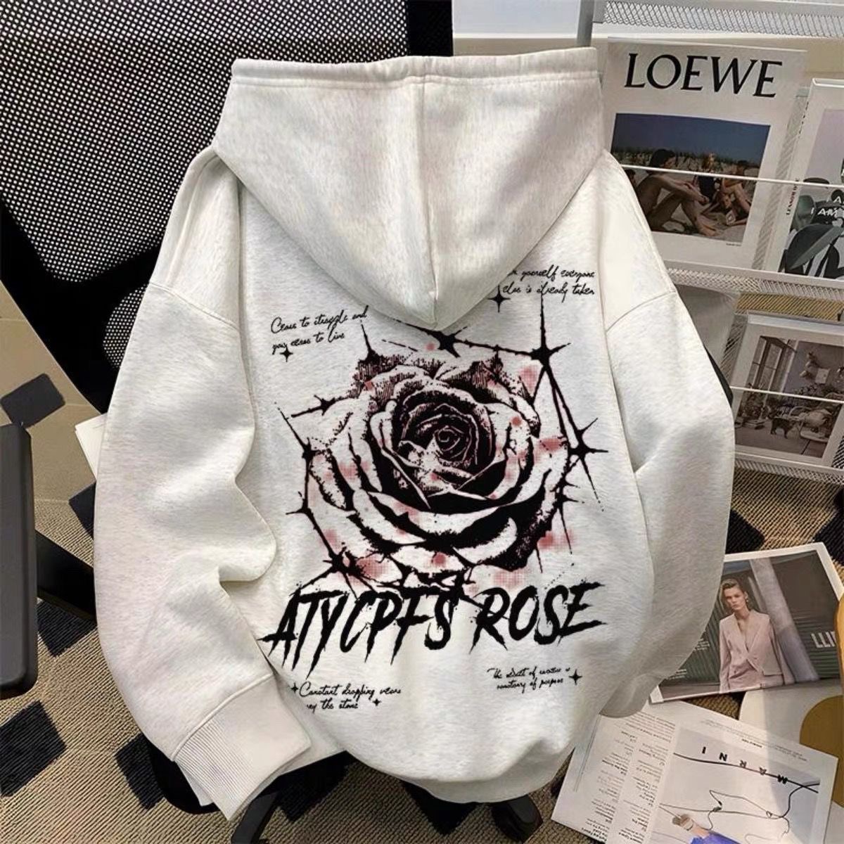 美式潮牌学院风荆棘玫瑰印花连帽卫衣男女秋冬款宽松加绒上衣外套