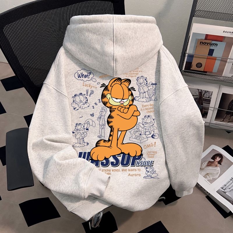 学院风卡通加菲猫印花连帽卫衣男