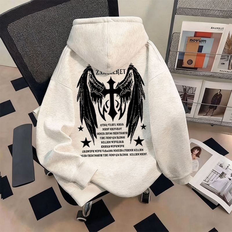 潮牌十字架翅膀印花连帽卫衣男女