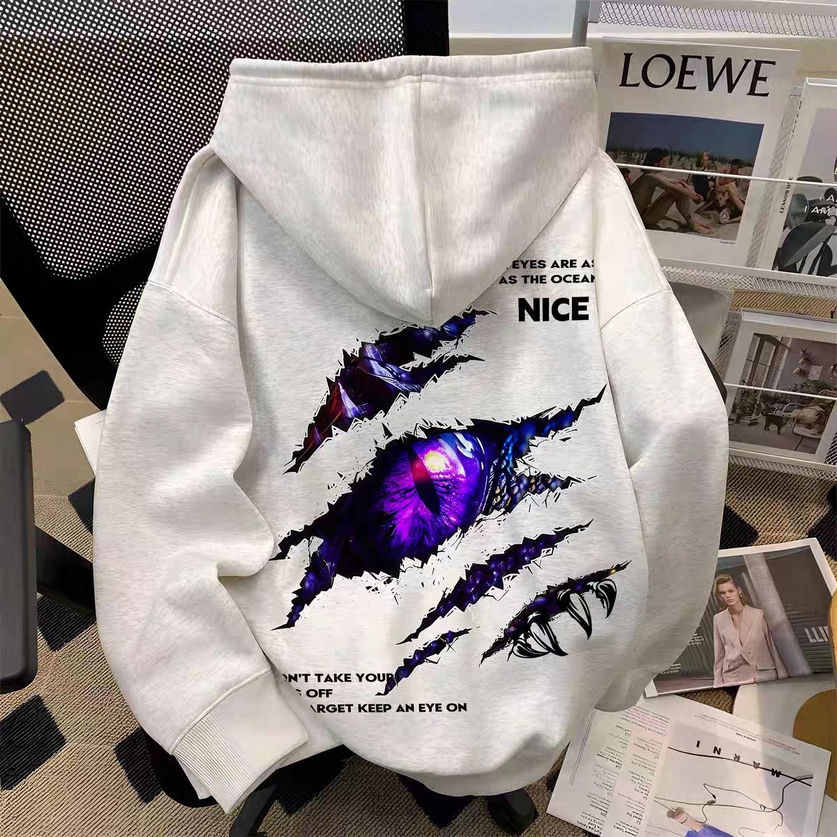 美式学院风蓝光恶魔之眼连帽卫衣男女秋冬款重磅加绒加厚宽松外套