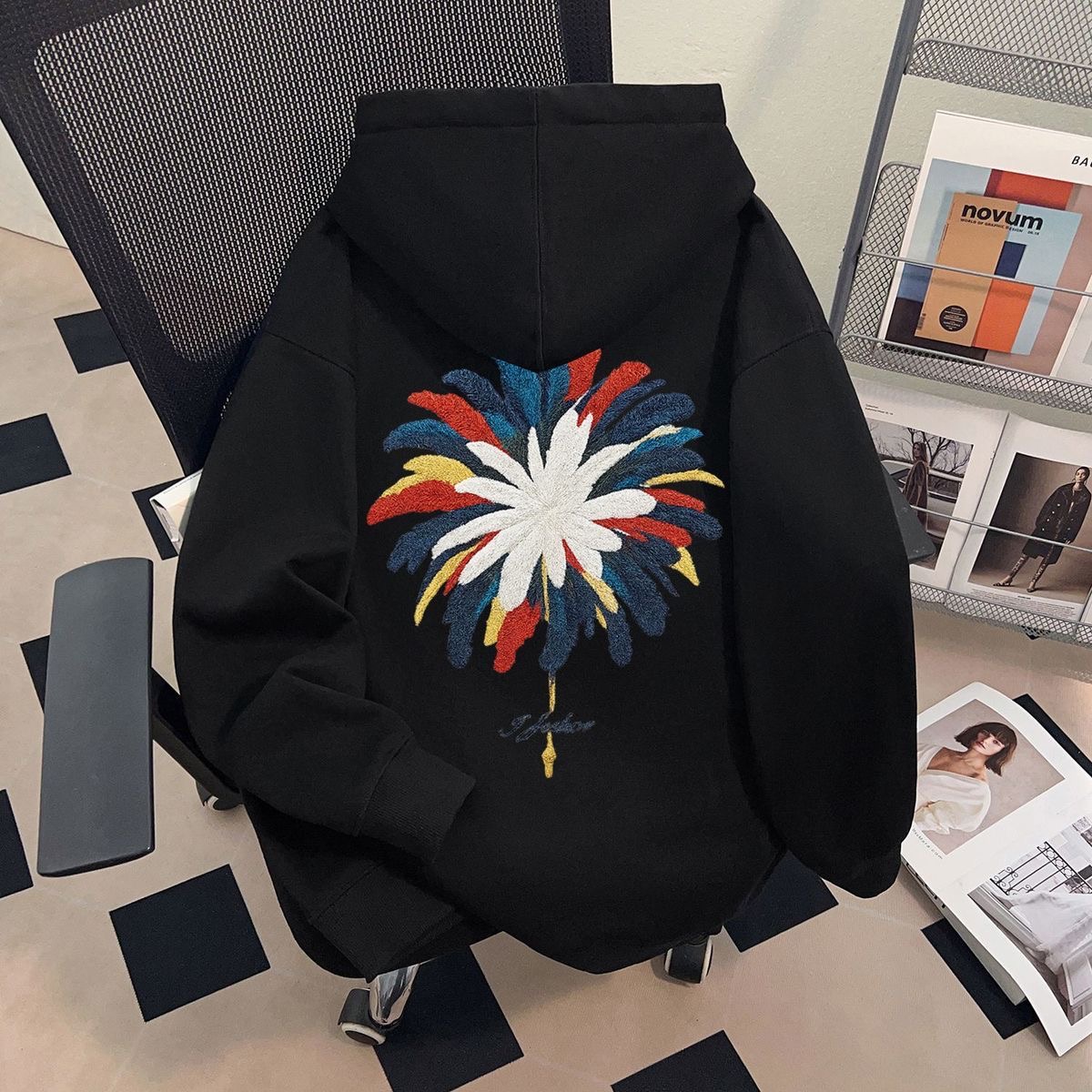 潮牌彩色烟花印花连帽卫衣男女秋
