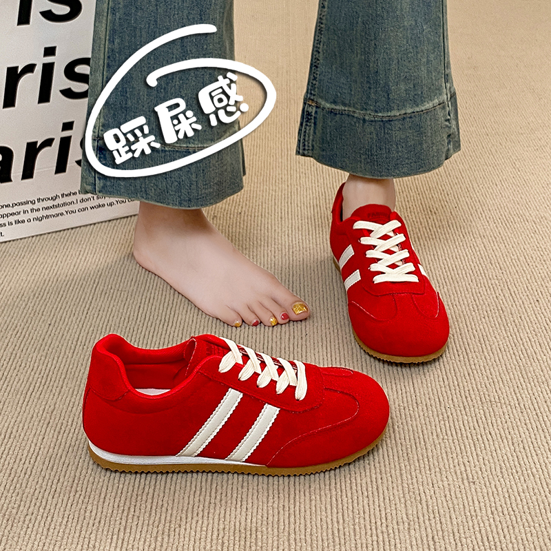 红色德训鞋女2025年新款春夏显脚小休闲 板鞋超火运动鞋平底阿甘