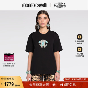 恤Roberto 镜面蛇图案棉质 RC女士T恤 Cavalli