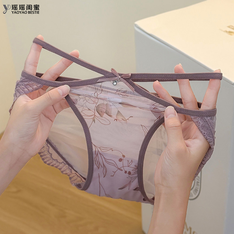 法式复古透明网纱印花内裤女蕾丝边性感细绑带高开叉中低腰三角裤