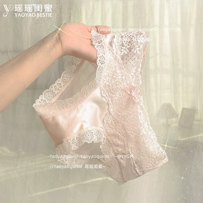 轻奢法式缎面内裤女性感蕾丝夏季薄款舒适透明诱惑少女低腰三角裤