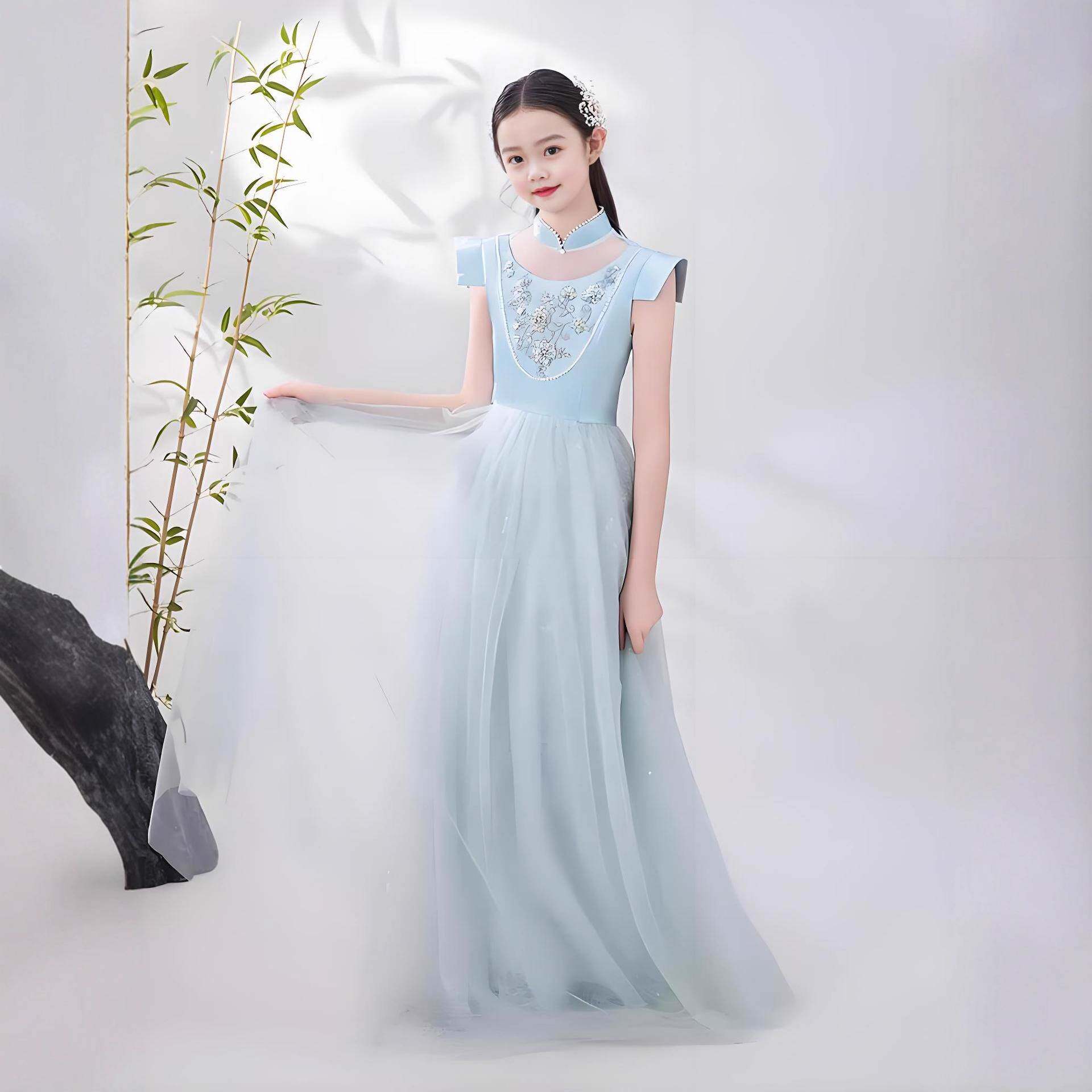 女童古筝演出服2026新款蓝色民乐